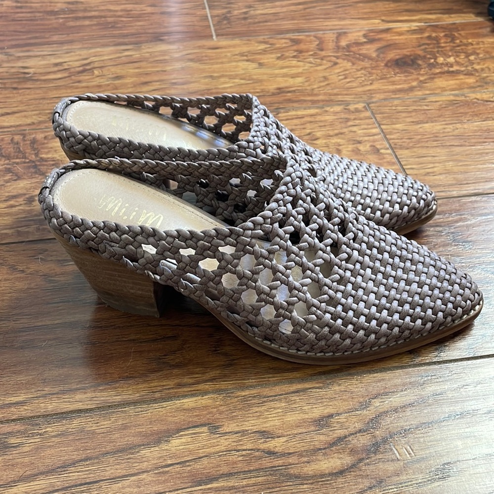 Mi.Im Paris | Woven braided slid in pointed toe slide on block heel taupe mules